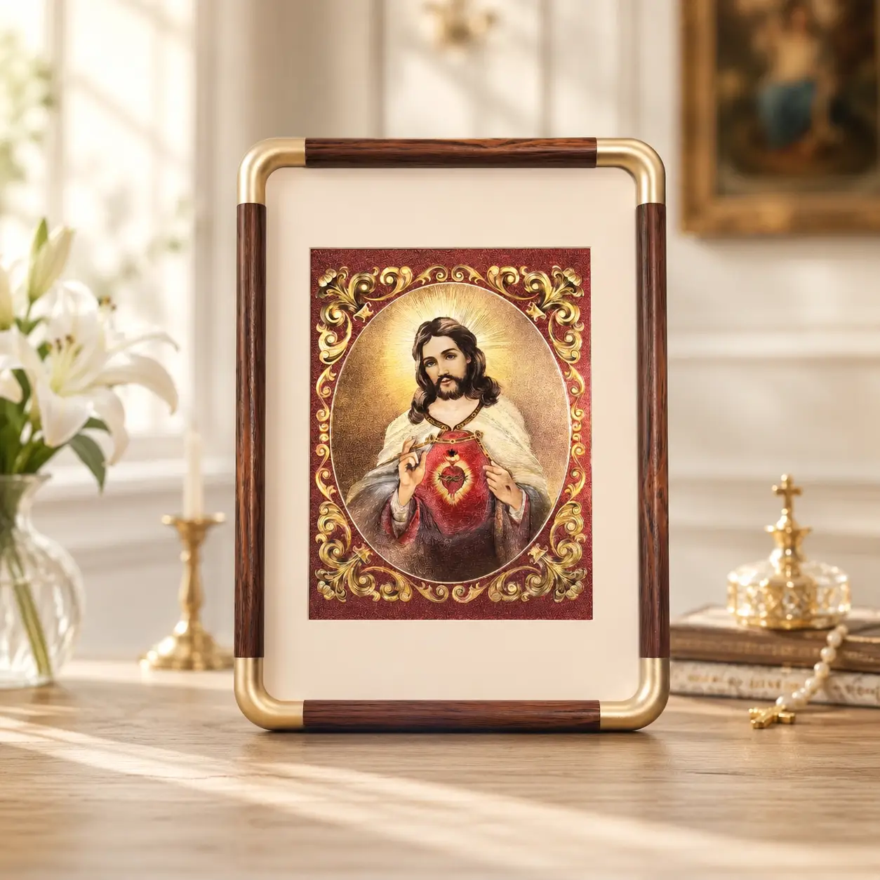 Vintage Ornate Sacred Heart of Jesus religious foil picture by DUFEX PRINTS